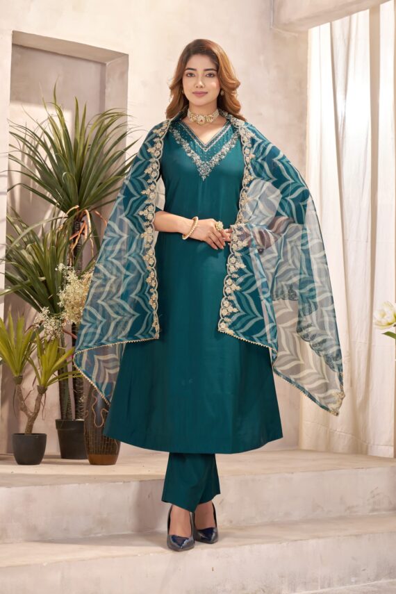 🌟 Roman Silk Pure Hand Work Kurti Pant Dupatta Set (3 Piece) – V Neck Design