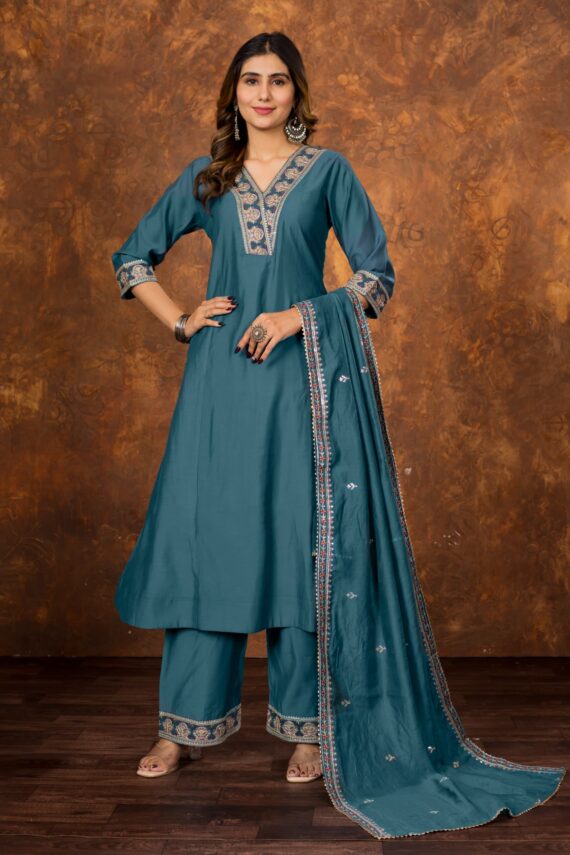 Roman Silk Embroidery Work Kurti Pant Dupatta Set (3 Piece) – V Neck Design