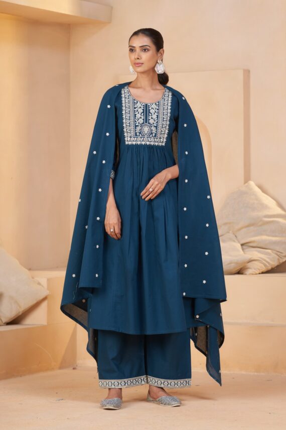 Premium Cotton Embroidery Work Kurti Pant Dupatta Set – 3 Piece