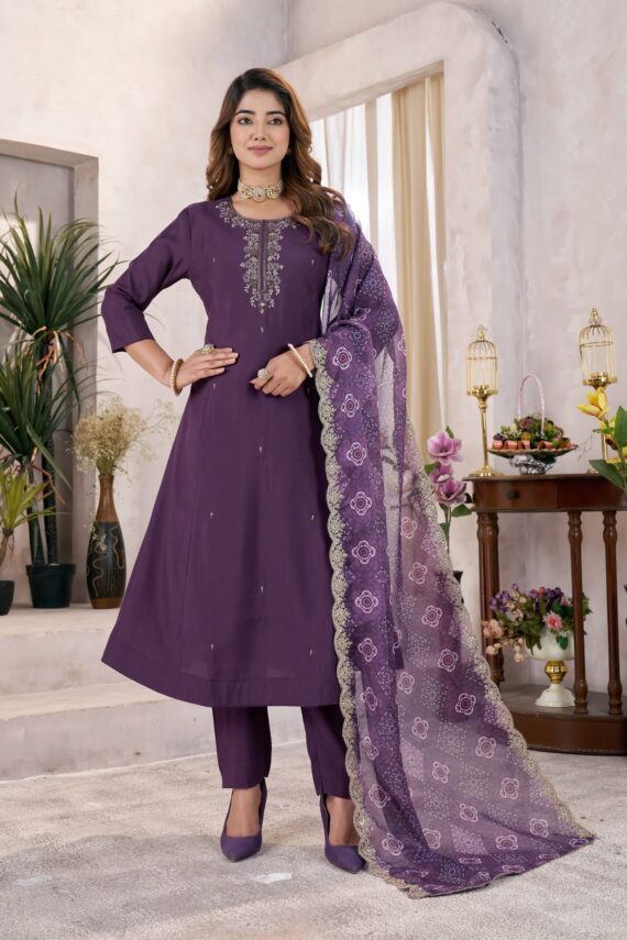 LoomVastra Premium Roman Silk Embroidered 3-Piece Kurti Set with Printed Dupatta – Sizes M to XXL