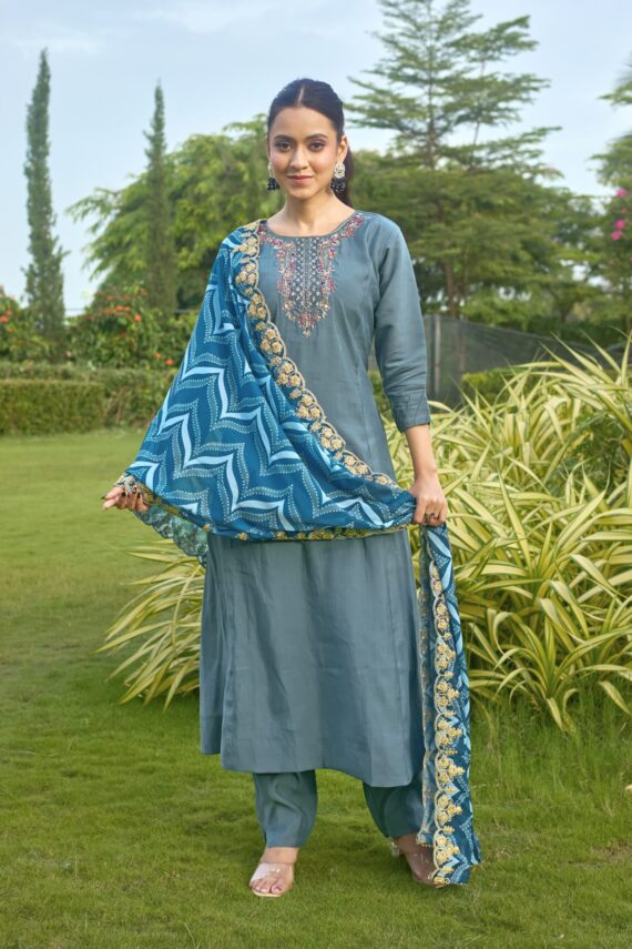 Roman Silk Pure Hand Work Kurti Pant Dupatta Set (3 Piece)