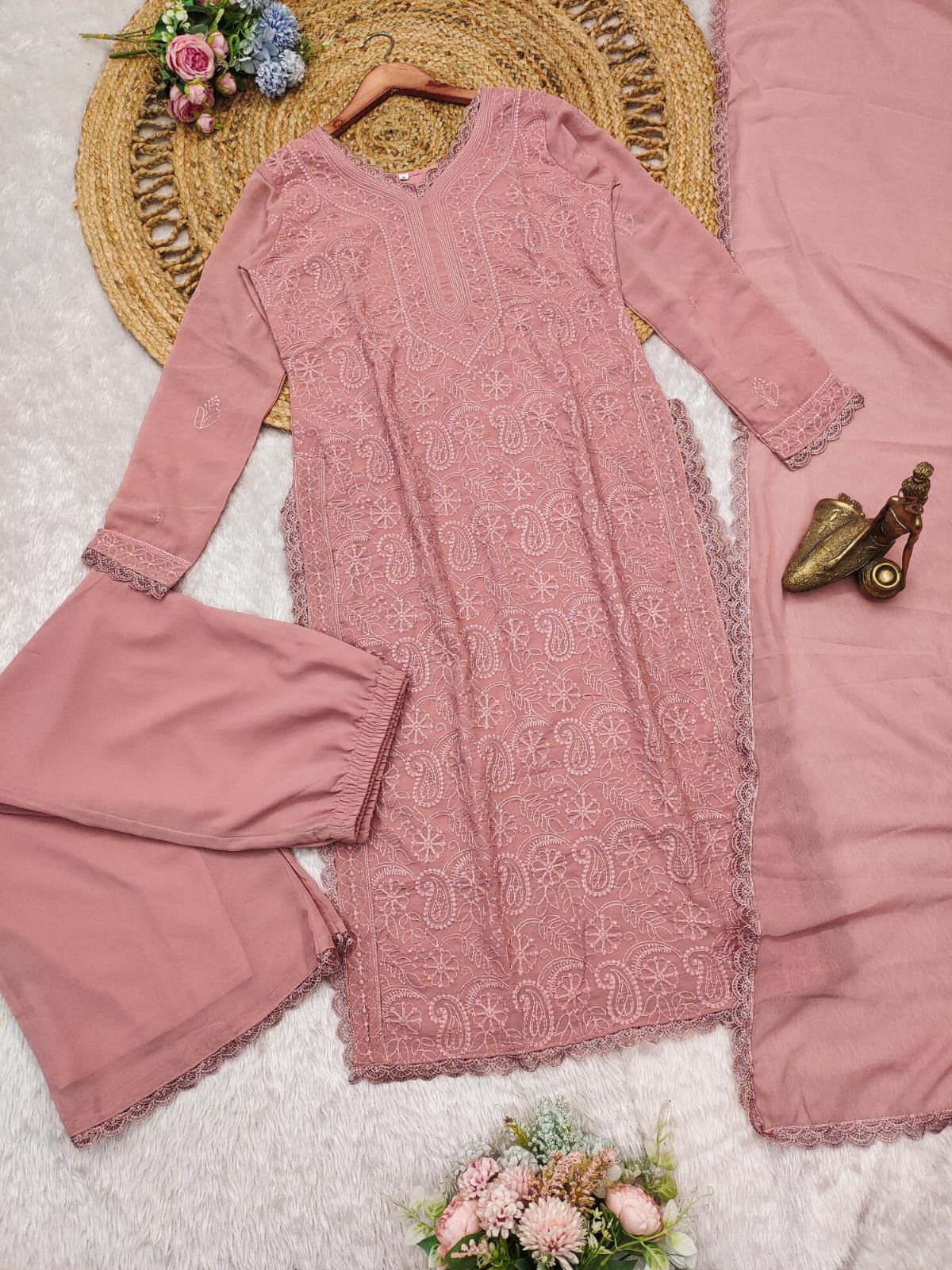 🌟 Trending Faux Georgette Embroidered Top Plazo Dupatta Set|PINK – LOOMVASTRA - Image 2