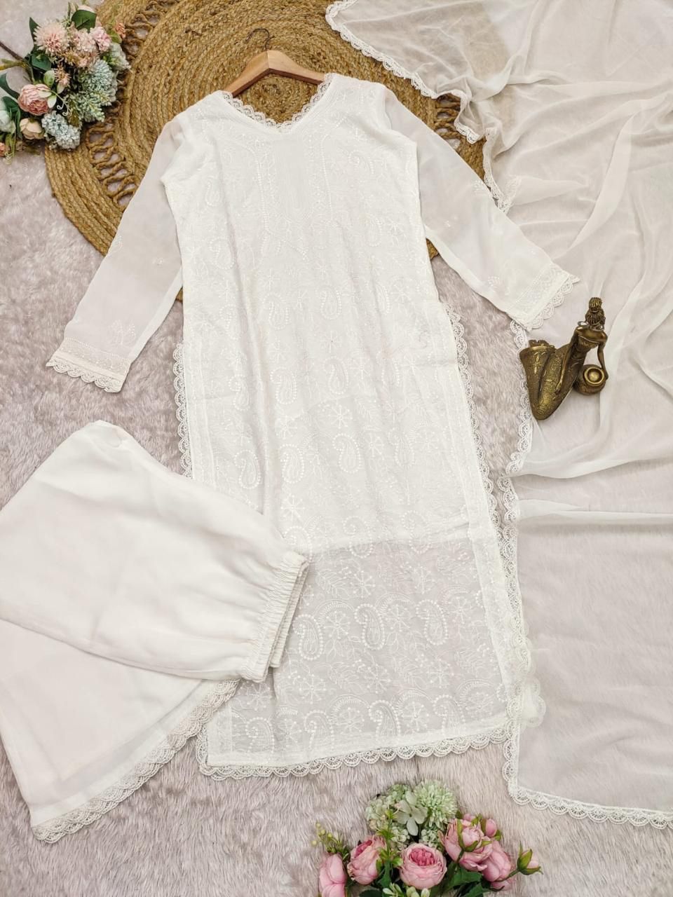 🌟 Trending Faux Georgette Embroidered Top Plazo Dupatta Set | white – LOOMVASTRA - Image 2