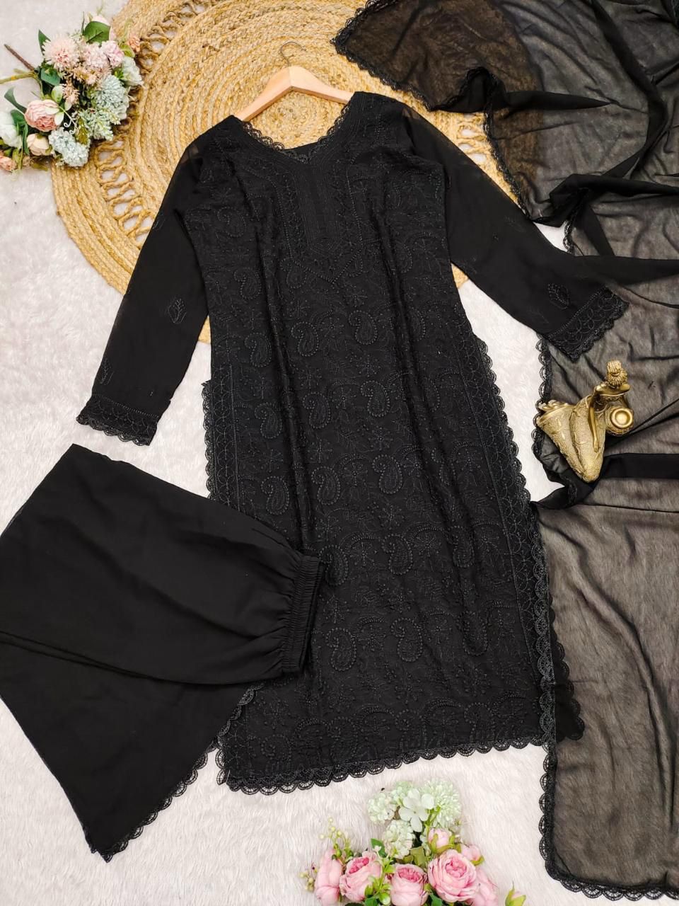 🌟 Trending Faux Georgette Embroidered Top Plazo Dupatta Set | BLACK – LOOMVASTRA - Image 2