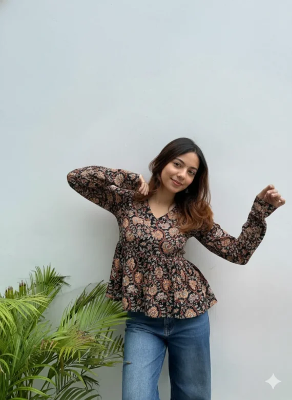 Loomvastra Black Floral Cotton Peplum Tunic – V-Neck, Long Sleeves