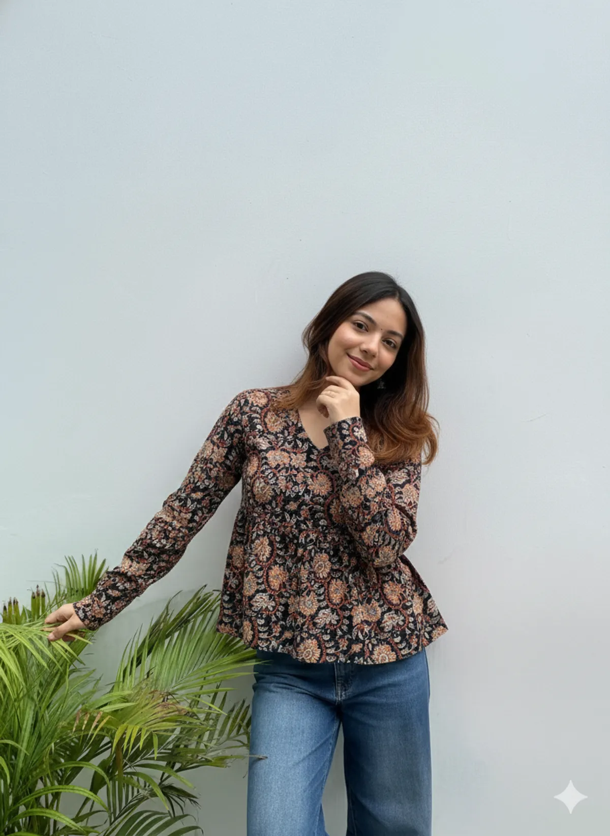 Loomvastra Black Floral Cotton Peplum Tunic – V-Neck, Long Sleeves - Image 4