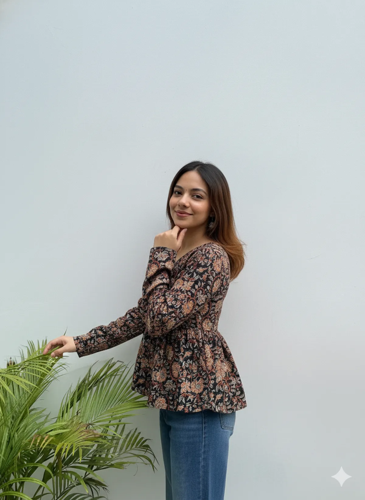 Loomvastra Black Floral Cotton Peplum Tunic – V-Neck, Long Sleeves - Image 3