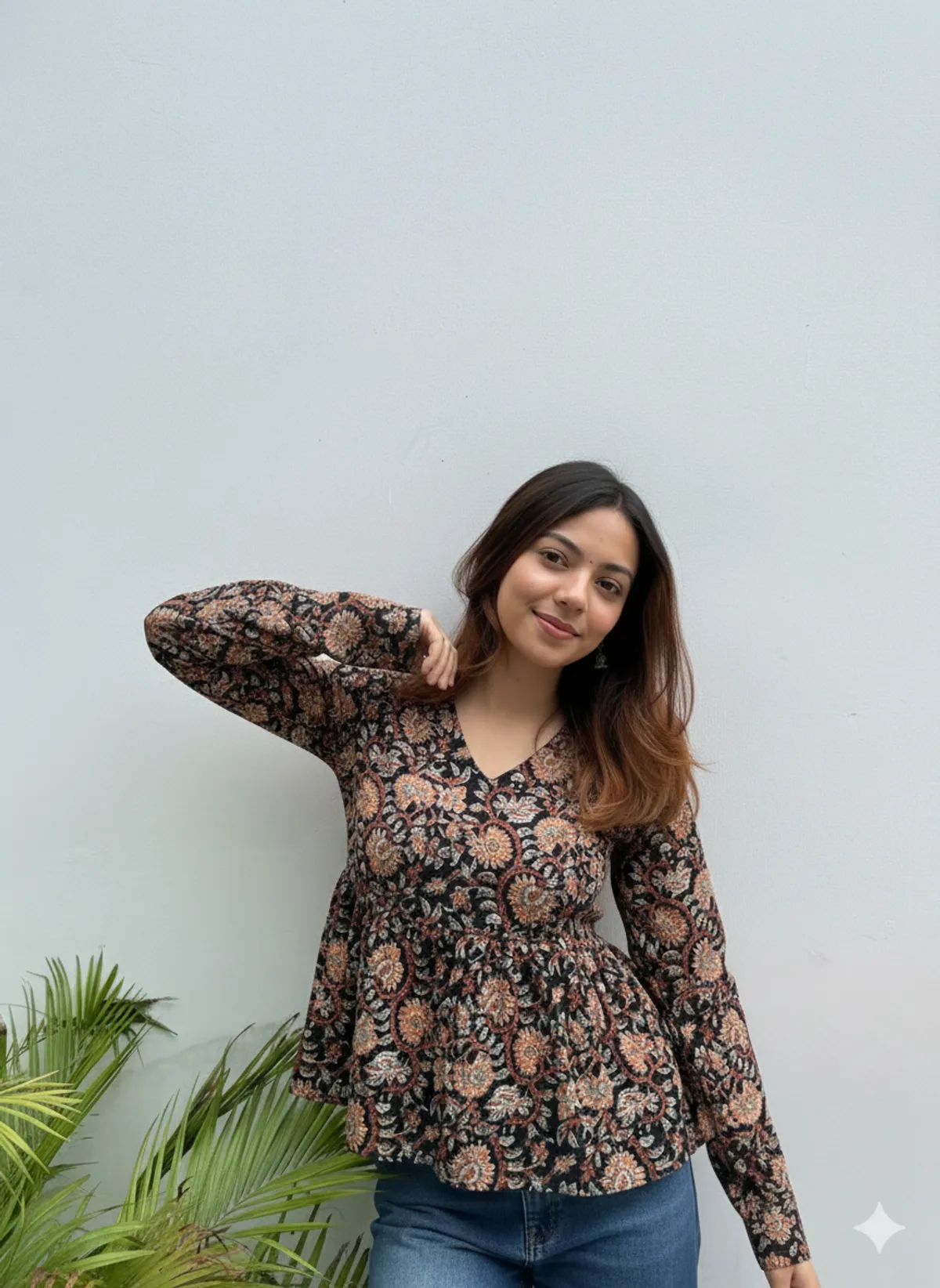 Loomvastra Black Floral Cotton Peplum Tunic – V-Neck, Long Sleeves - Image 2