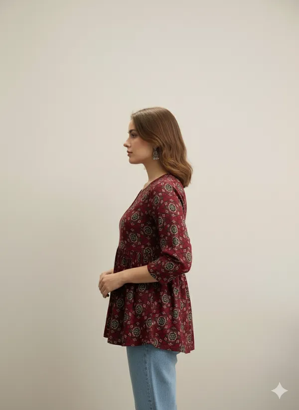 Loomvastra Cotton Printed Peplum Tunic with V-Neck - Image 3