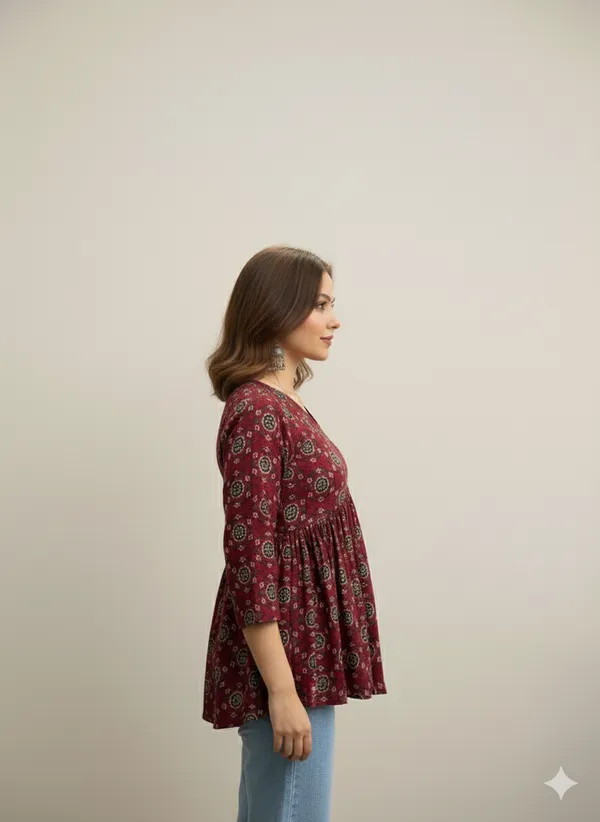 Loomvastra Cotton Printed Peplum Tunic with V-Neck - Image 4