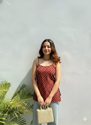 Loomvastra Printed Cotton Sleeveless Tunic Top with Side Slits