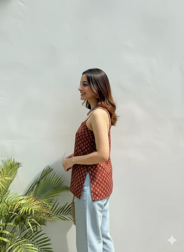 Loomvastra Printed Cotton Sleeveless Tunic Top with Side Slits - Image 3