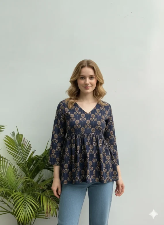 Loomvastra Cotton Printed Peplum Tunic – Navy Block Floral