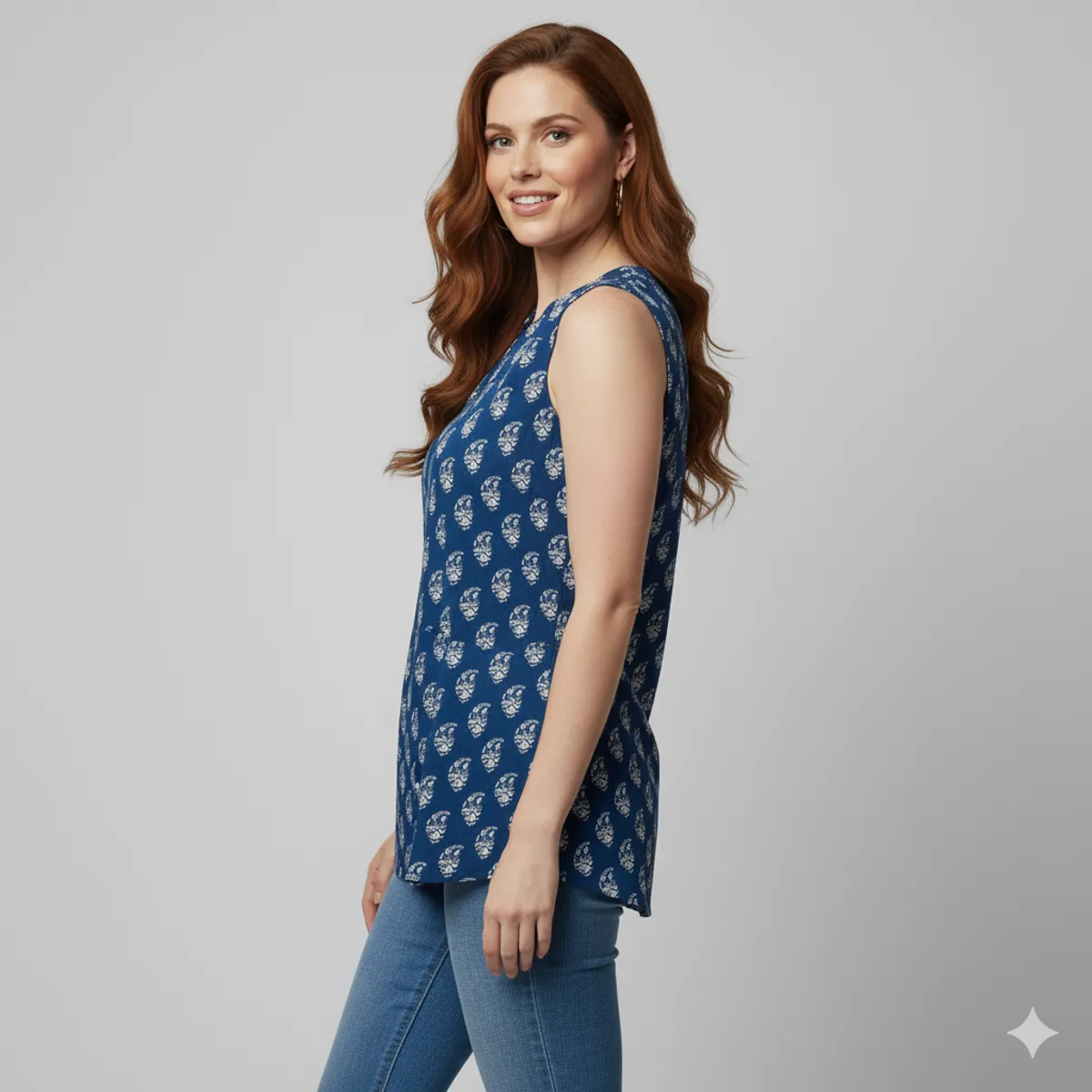 Loomvastra Sleeveless Cotton Tunic for Women – Indigo Blue V-Neck - Image 2