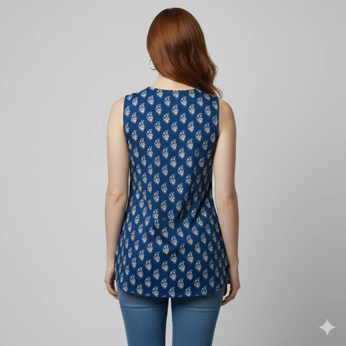 Loomvastra Sleeveless Cotton Tunic for Women – Indigo Blue V-Neck - Image 4