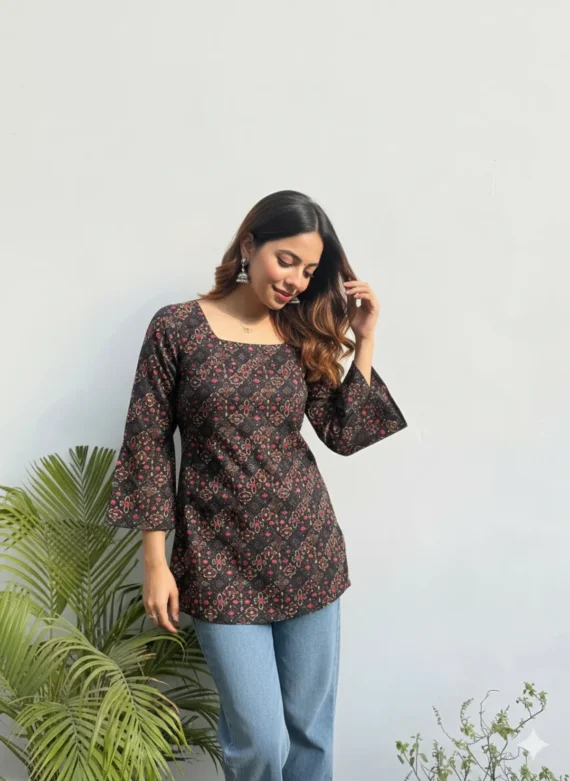 Loomvastra Black & Rust Floral Cotton Tunic with Square Neck