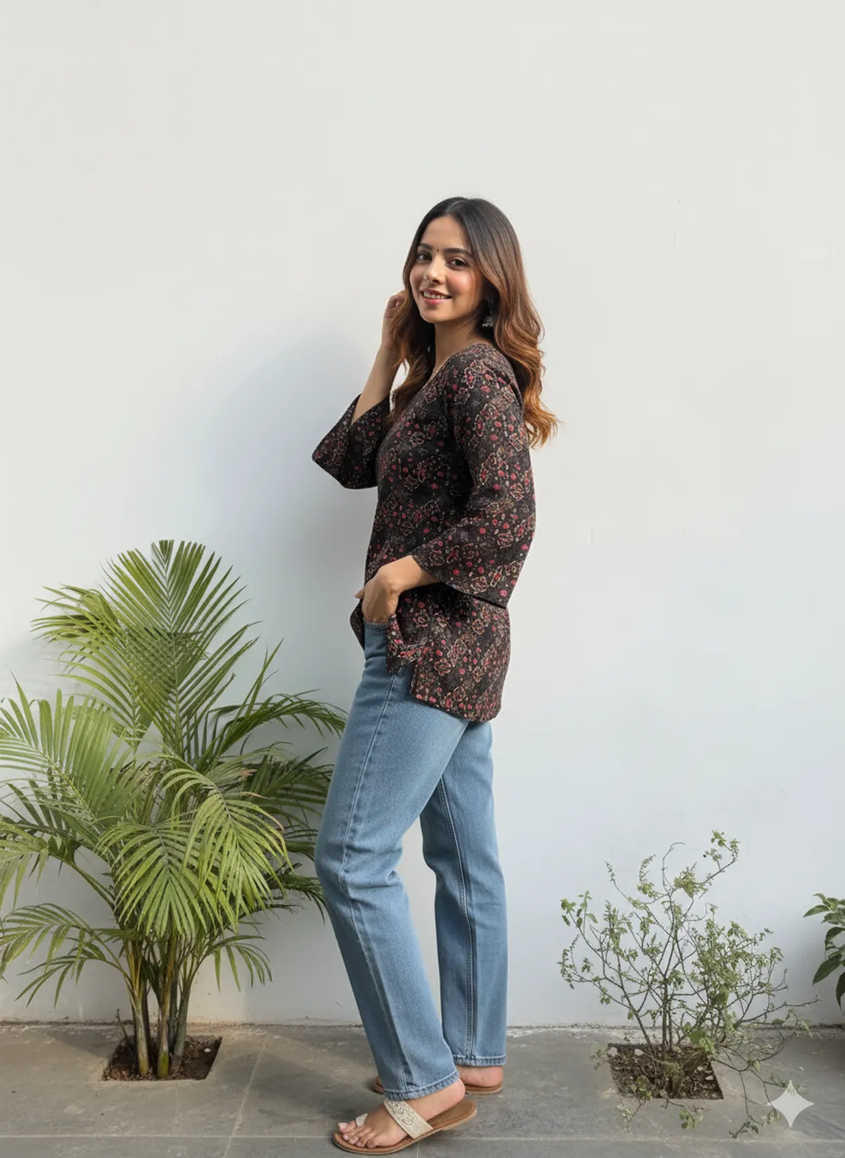 Loomvastra Black & Rust Floral Cotton Tunic with Square Neck - Image 4